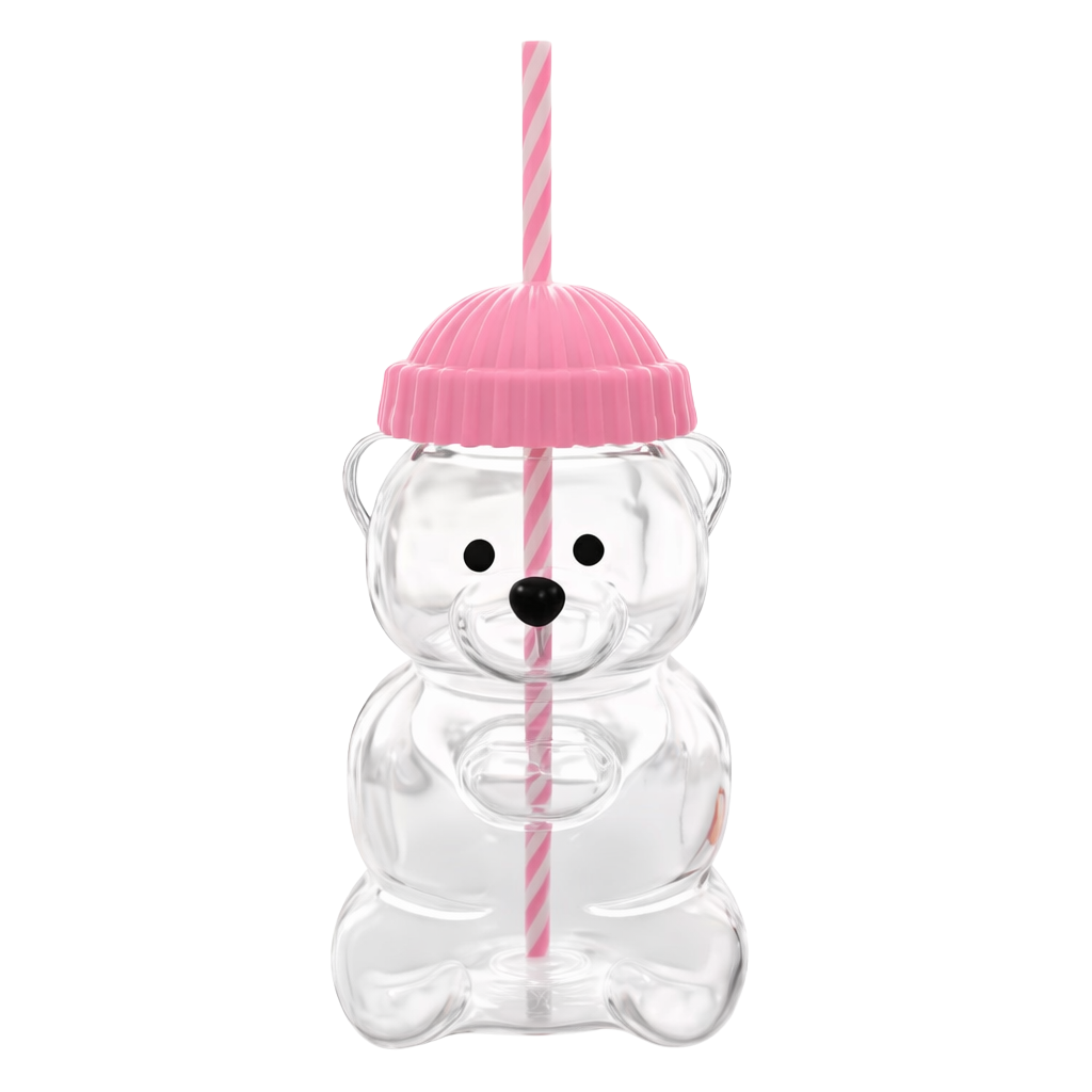 Teddy Bear Glass Tumbler With Straw - Pink