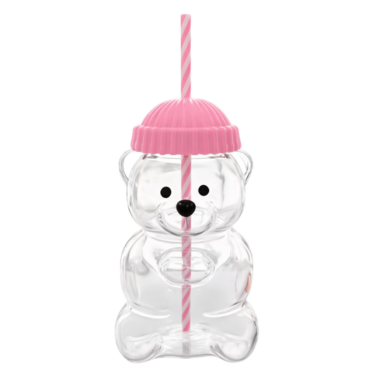 Teddy Bear Glass Tumbler With Straw - Pink