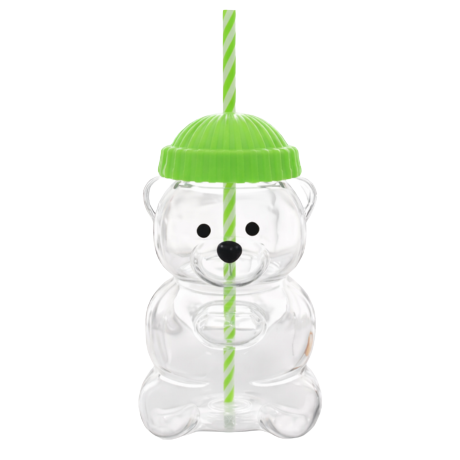 Teddy Bear Glass Tumbler With Straw - Green